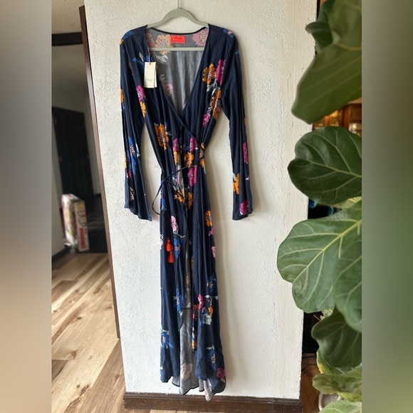 Maaji Make Waves Long Sleeve Kimono Maxi Wrap Dress or Coverup in Blue Floral M - Picture 4 of 13